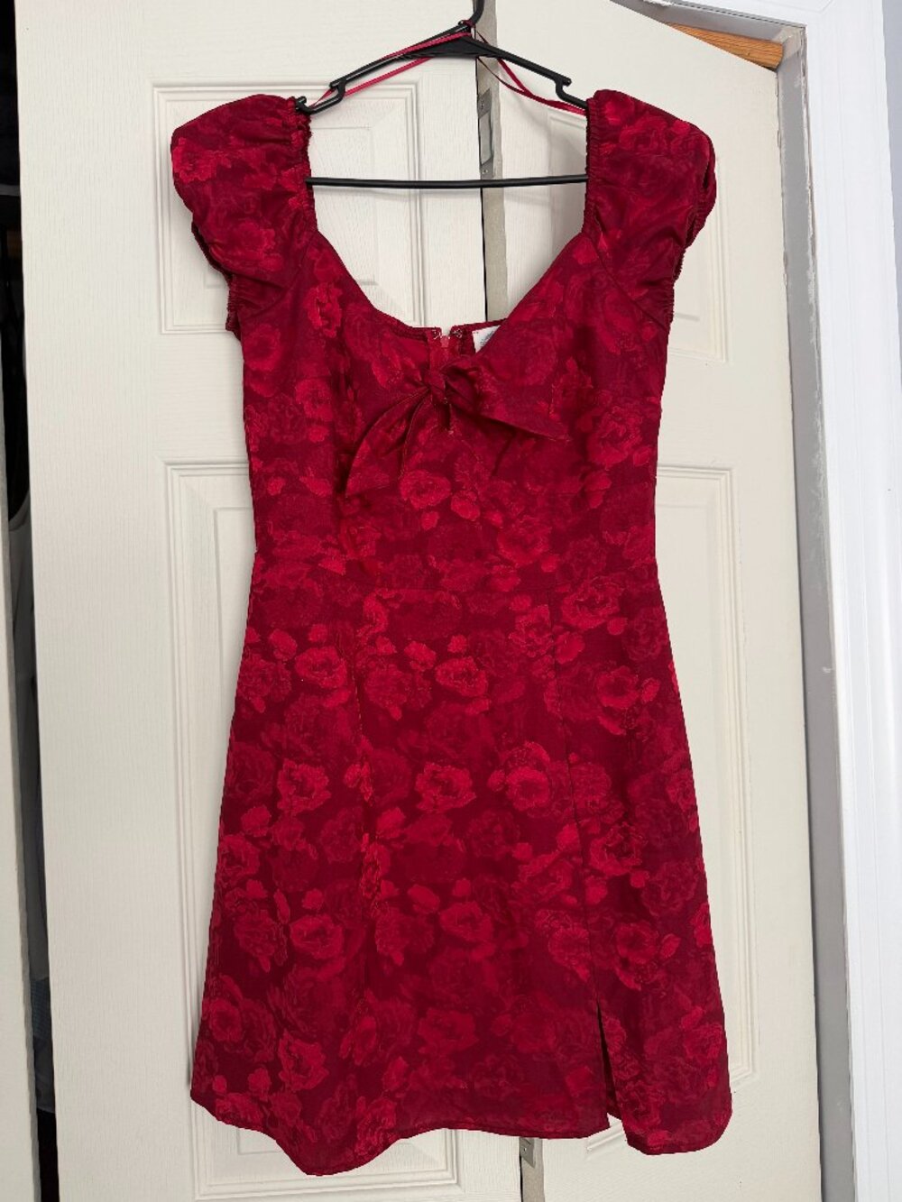 Red Rose Mini Dress Bow Front Puff Sleeve S